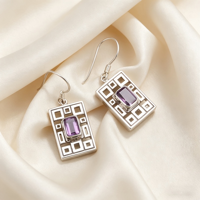 Women's Geometric Purple Cubic Zirconia Pendant Earrings with Retro Box Design